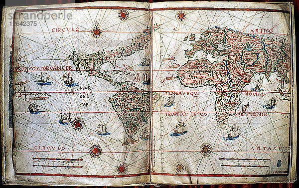 Planisphäre des Werks Summa of Cosmographia  1545  von Pedro de Medina.