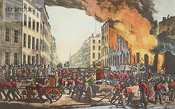 Das Leben eines Feuerwehrmanns - Die Ruinen  pub. 1854 Currier & Ives (Farblithographie)