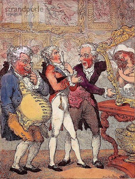 Italienische Bildhändler  die meinen Herrn Anglaise umarmen  pub. 1812 (handkolorierter Kupferstich)