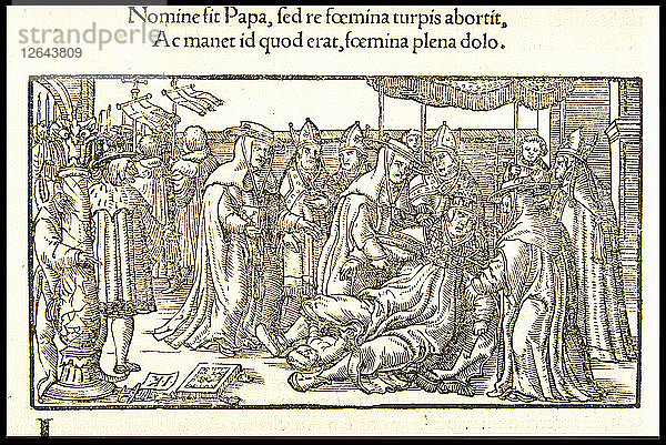 Die Päpstin Johanna. Aus De mulieribus claris (Über berühmte Frauen) von Giovanni Boccaccio  ca. 1538-1539.