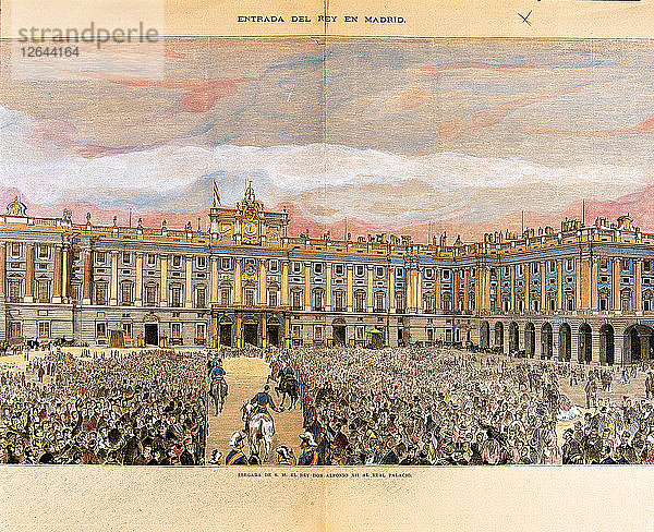 Alphonse XII.  Einzug in den Palast von Oriente im Jahr 1875  kolorierter Stich von La Ilustración Espa?