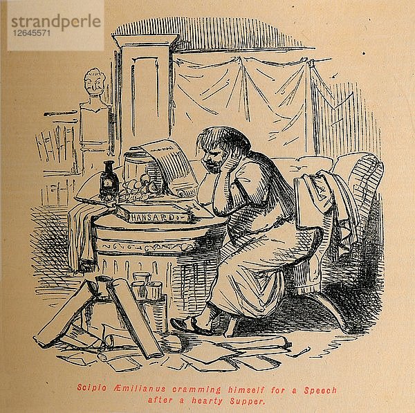 Scipio Aemilianus bei der Vorbereitung einer Rede nach einem kräftigen Abendessen  1852. Künstler: John Leech.
