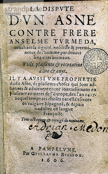 Umschlag von La Dispute dun Asne contre frere Anselme Turmeda  Druckausgabe in Pamplona (Navarr?