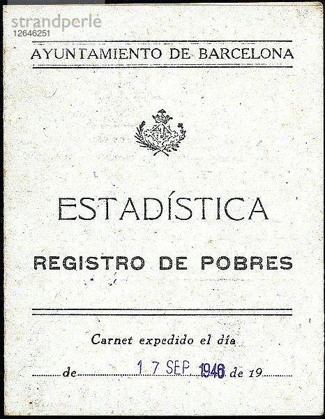 Armenausweis  ausgestellt von der Stadtverwaltung von Barcelona im Jahr 1946.