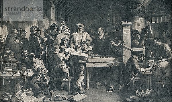 Caxton zeigt König Edward IV. das erste Exemplar seiner Drucke  um 1858  (1911). Künstler: Daniel Maclise.