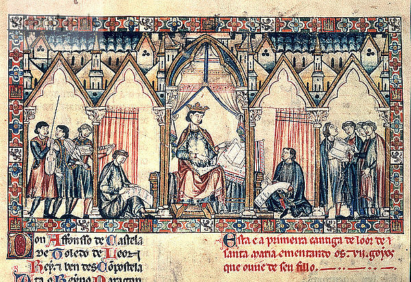 Alfonso X. der Weise (1221-1284)  König von Kastilien und Leon  Miniada-Seite seines Werks Die Cantigas?