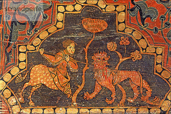 Ein Kentaur im Kampf mit einem Drachen  Kassettendecke  Detail eines polychromen Balkens.