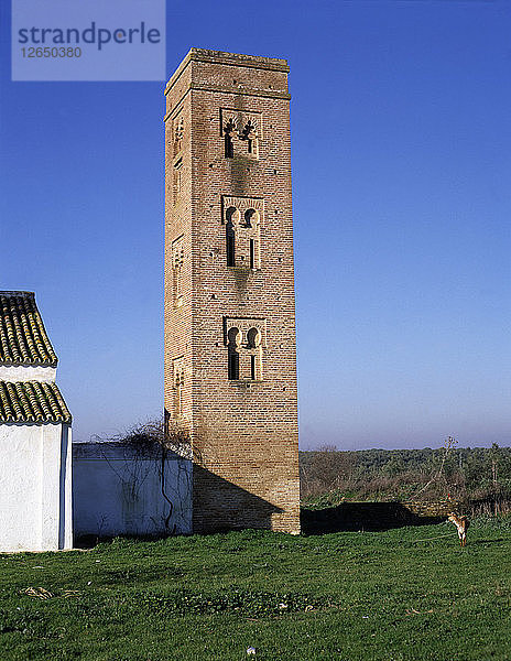 Blick auf den quadratischen Backsteinturm der Cuatrovitas-Kapelle  der alten Almohaden-Moschee in Bollullos de la M?