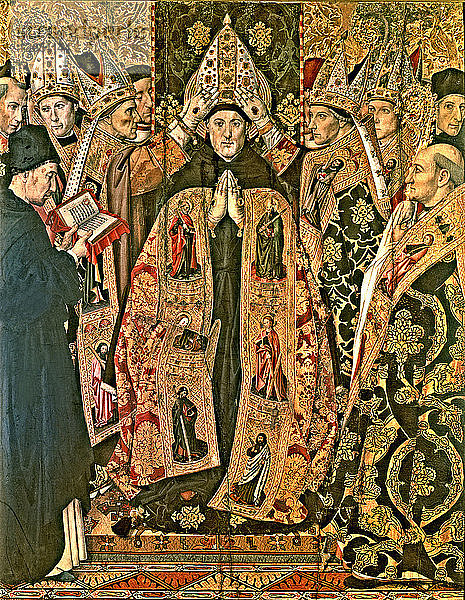 Bischofsweihe des Heiligen Augustinus. Tafel des Altaraufsatzes  1470. Vermeintliches Selbstporträt von?