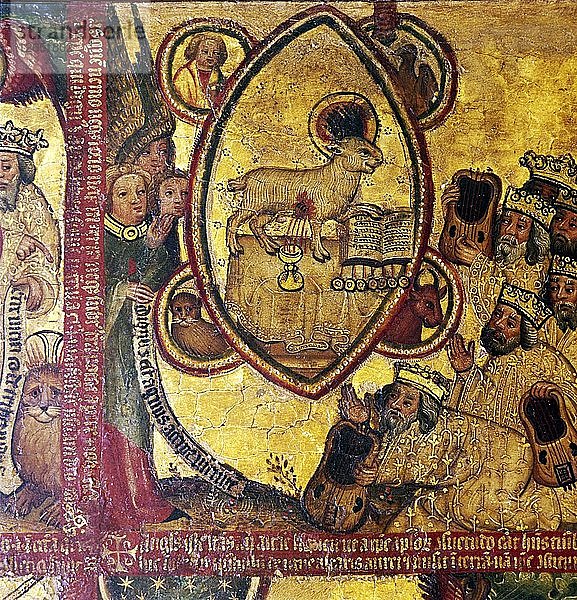 Das Lamm mit dem Buch der Sieben Siegel  das von den Ältesten angebetet wird  14.-15. Jahrhundert. Künstler: Meister Bertram von Hamburg.