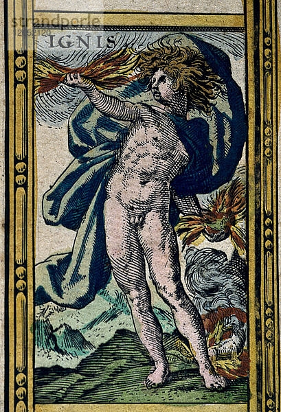 Feuer  kolorierter Kupferstich aus dem Buch Le Theatre du monde oder Nouvel Atlas  1645  erstellt ?