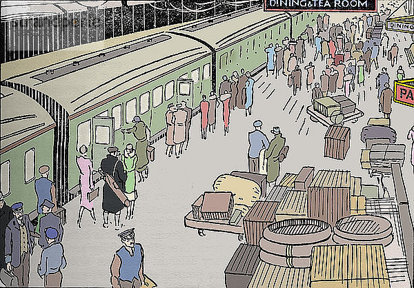 Eine Illustration eines Bahnhofs aus den 1930er Jahren  1937. Künstler: Unbekannt.