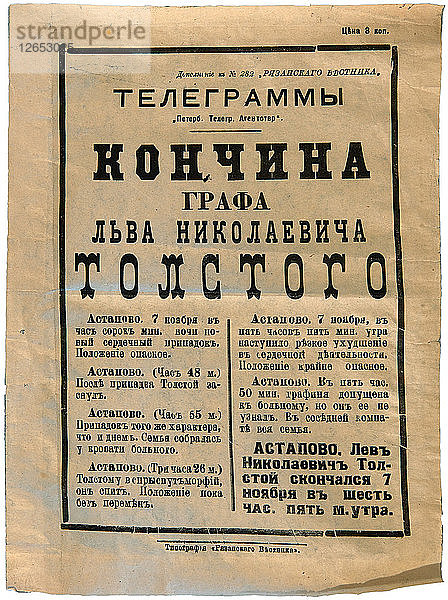 Die Ankündigung von Lev Tolstoys Tod in einer Zeitung  7. November 1910.