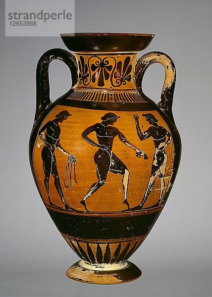 Panathenäische Amphore mit bewaffneter Athene (A) und drei Athleten (B)  frühes 5. Jahrhundert v. Chr. Künstler: Maler von Oxford 218.