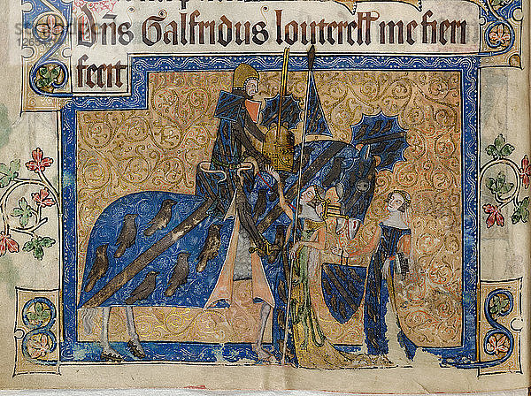 Sir Geoffrey Luttrell  beritten  mit Unterstützung von Beatrice Le Scrope. Aus dem Luttrell-Psalter.