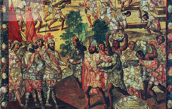 Hernán Cortés betritt Cempoal und wird von dem Häuptling Gordo (Quauhtlaebana) begrüßt  der ihn mit einer Dusche?