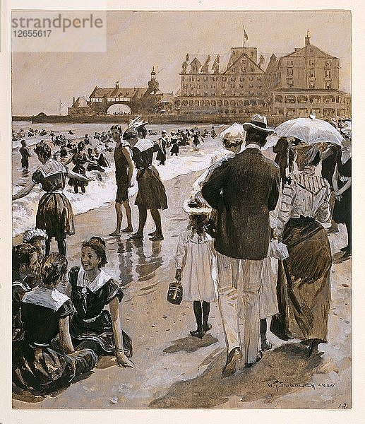 Strandszene aus Harpers Weekly  pub. 1900 (kolorierte Lithographie)