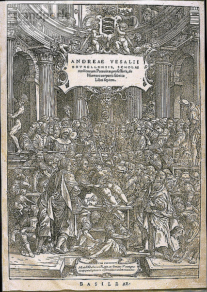 Titelblatt von De humani corporis fabrica von Andreas Vesalius  ca. 1543.