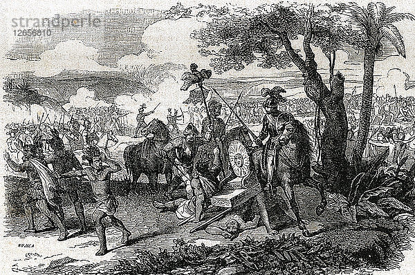 Hernán Cortés in der Schlacht von Otumba (Mexiko) am 7. Juli 1520  Radierung  1862.