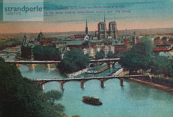 Panorama der Seine mit der Kathedrale Notre-Dame und der Îsle de la Cité  Paris  um 1920. Künstler: Unbekannt.