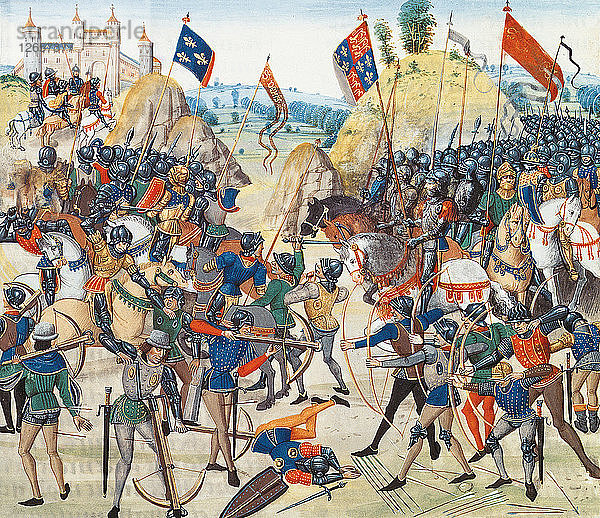 Die Schlacht von Crécy am 26. August 1346 (Miniatur aus den Grandes Chroniques de France von Jean Frois