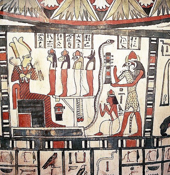 Horus übergibt den Verstorbenen an Osiris  Mumienkoffer von Pensenhor  Theben  um 900 v. Chr. Künstler: Unbekannt.