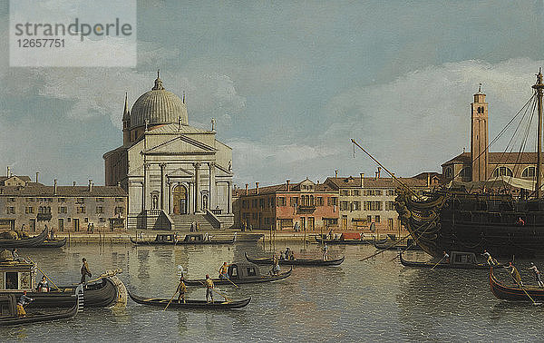 Venedig  Blick auf die Kirchen Redentore und San Giacomo  mit einem vertäuten Man-of-war  Gondeln