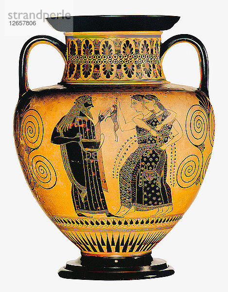 Dionysos und zwei Mänaden. Attische schwarzfigurige Amphore  ca. 550-530 v. Chr.