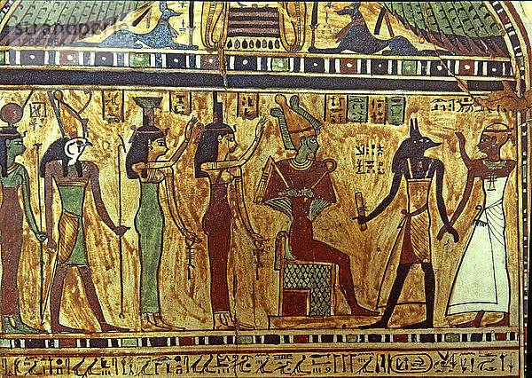 Anubis übergibt den Verstorbenen an Osiris  in Anwesenheit von Horus und anderen Gottheiten  Grabstelen aus?