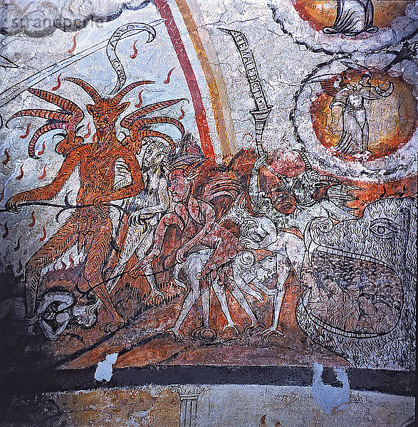 Das Jüngste Gericht  1599  Detail von Luzifer  der die Seelen der Verdammten in die Hölle schleppt  Wandgemälde pa?