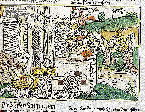 Rettung des Moses  Szene aus der Nürnberger Bibel in deutscher Sprache  1483.