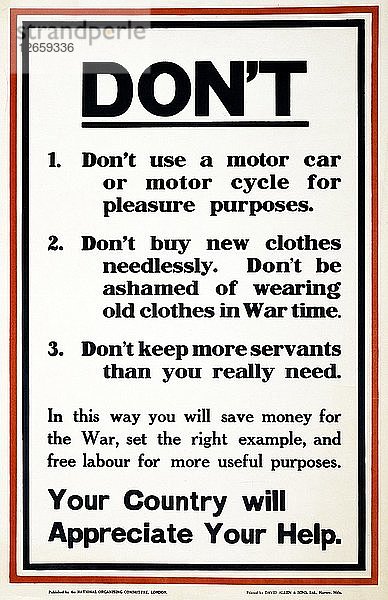 WW1 Plakat  das an die Öffentlichkeit appelliert  die Kriegsanstrengungen durch Sparsamkeit zu unterstützen  1917.