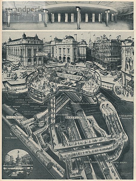 Ein neuer Piccadilly Circus unterhalb des alten als Tor zu den U-Bahnlinien  um 1935. Künstler: D. Macpherson.