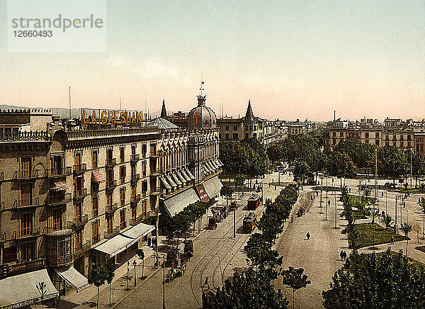 Gesamtansicht der Plaza de Catalunya in Barcelona  ??zu Beginn des 20. Jahrhunderts  im Vordergrund?