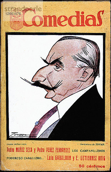 Umschlag der Publikation Comedias. Karikatur von Pedro Muñoz Seca (1879-1936). Siglo XX veröffentlichen?
