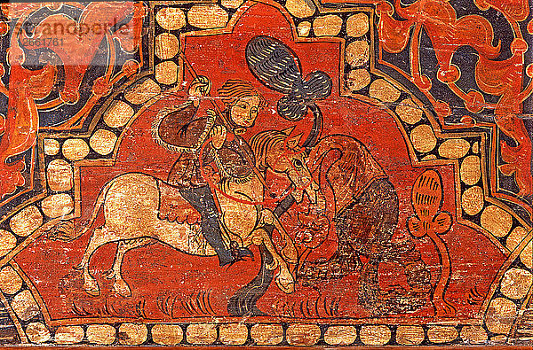 Kampf eines Ritters gegen einen Drachen  Kassettendecke  Detail eines polychromen Balkens.
