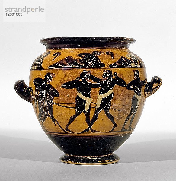 Athenischer schwarzfiguriger Stamnos mit der Darstellung von Athleten um den Bauch der Vase und einem Symposium von Männern und Künstler: Michigan Maler.