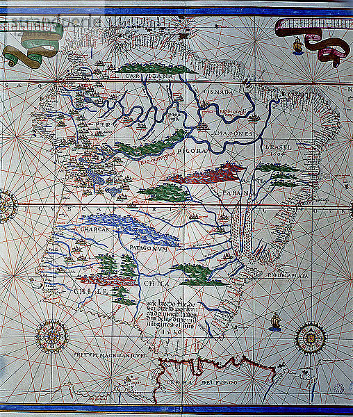 Atlas von Joan Martines  Messina  1582. Portulanische Karte von Südamerika  von Panama bis Tierra del?