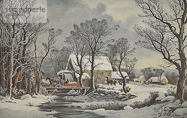 Winter auf dem Lande - Die alte Getreidemühle  Pub. 1864  Currier & Ives (Farblithographie)