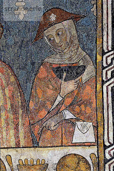 Wandgemälde des alten Refektoriums der Kathedrale von Lleida  Temperamalerei  Detail von verschiedenen Banque?