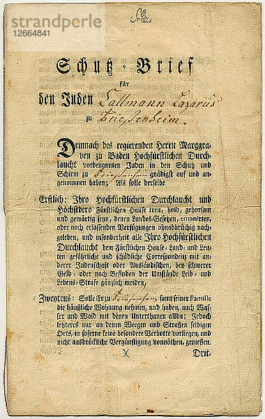Schutzbrief für Callmann Lazarus aus Friesenheim in Baden  1777.