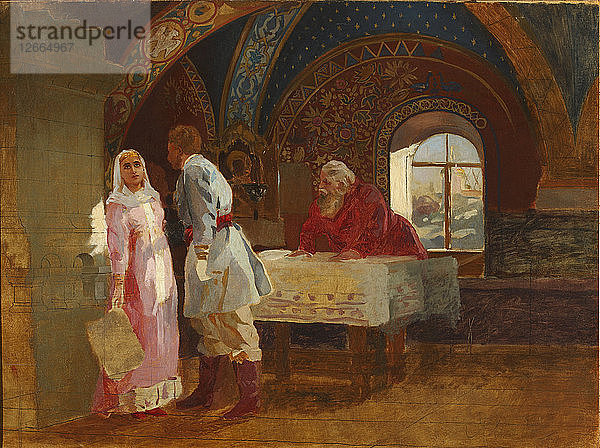 Die Kusszeremonie. Bojar Morosow  seine Frau Jelena und Prinz Serebrenni  1882.
