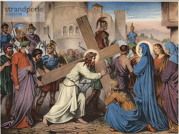 Via Crucis. Vierte Station. Jesus trifft seine Gottesmutter. Zeichnung von Pascual. Barsal Editions  ?
