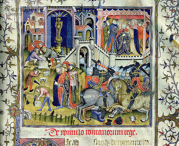 Gründung Roms (um 753aC)  Zweikampf zu Pferd und Krönung eines Königs. Miniatur in De viris?