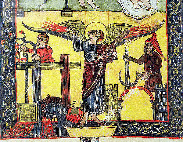 Ernte  Weinlese und die Kelter des Zorns Gottes  Detail  Miniatur im Beatus von?