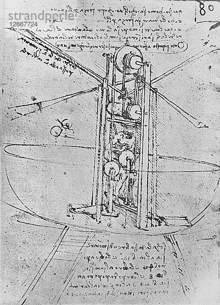 Zeichnung einer fliegenden Maschine mit einem Mann  der sie bedient  um 1480 (1945). Künstler: Leonardo da Vinci.