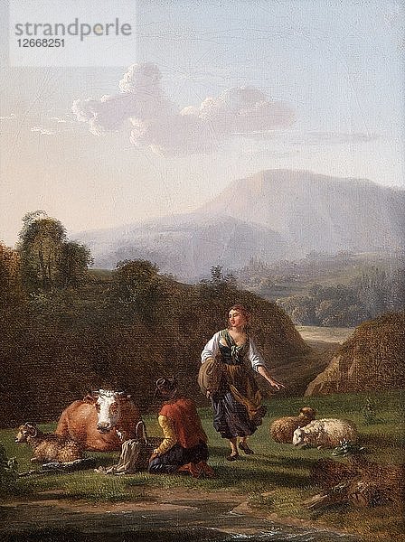 Das Flussufer: Landschaft mit Figuren und Vieh  17. Jahrhundert. Künstler: Karel Du Jardin.