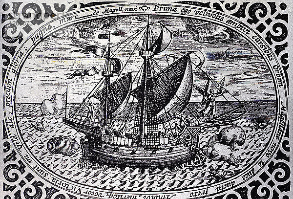 Stich  der das Schiff Victoria zeigt  mit dem Magellan die Erde zwischen 1519 und?