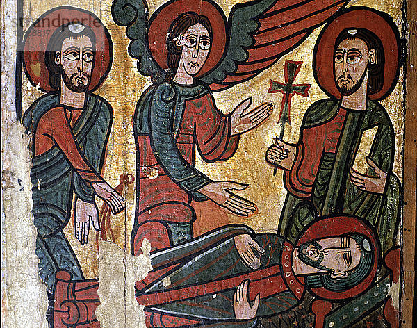 Frontalansicht des Heiligen Martin von Tours  Detail des Todes des Heiligen  Tempera auf Holz. Das Werk besteht?