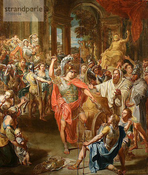 Alexander der Große durchtrennt den gordischen Knoten.